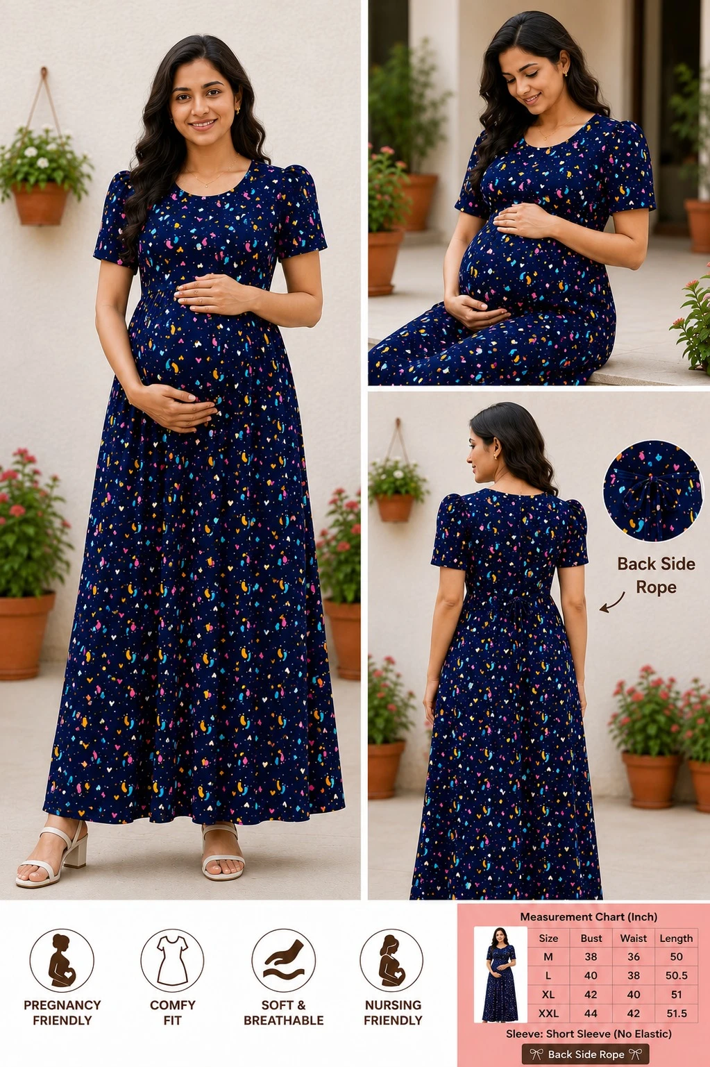 Women's Navy Blue Baby Feet Print Maternity Feeding Nighty | Puff Sleeve Zipless Nursing Gown | Soft Stretchable Pregnancy & Breastfeeding Dress