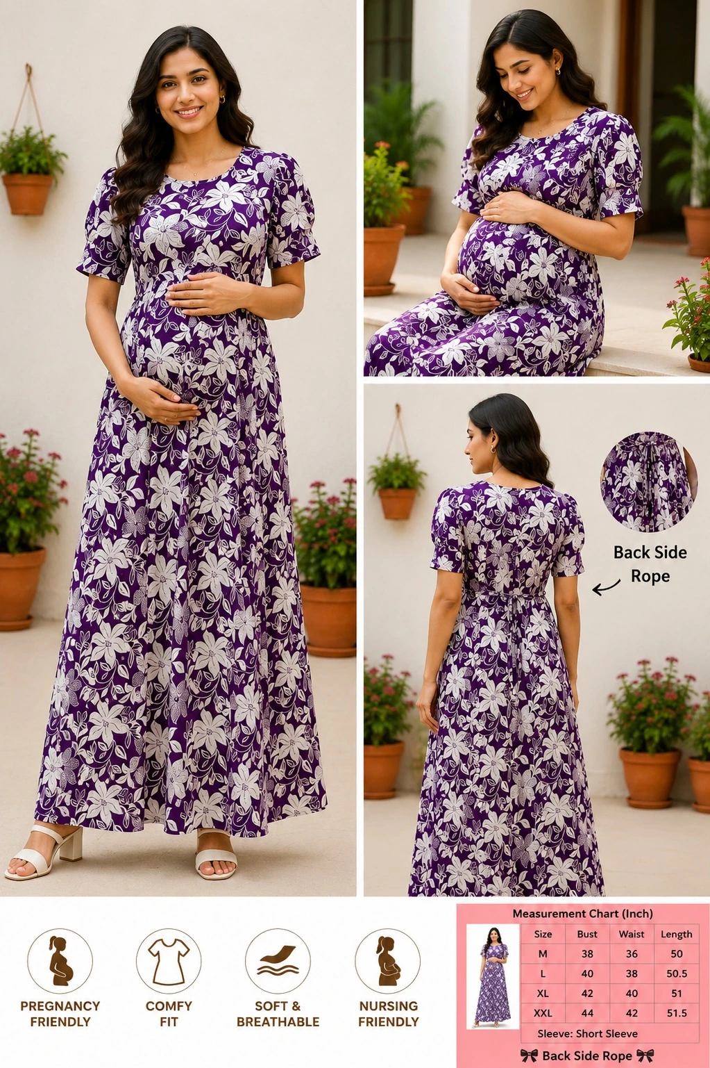 Purple Floral Print Maternity Maxi Dress | Feeding & Nursing Friendly Pregnancy Gown