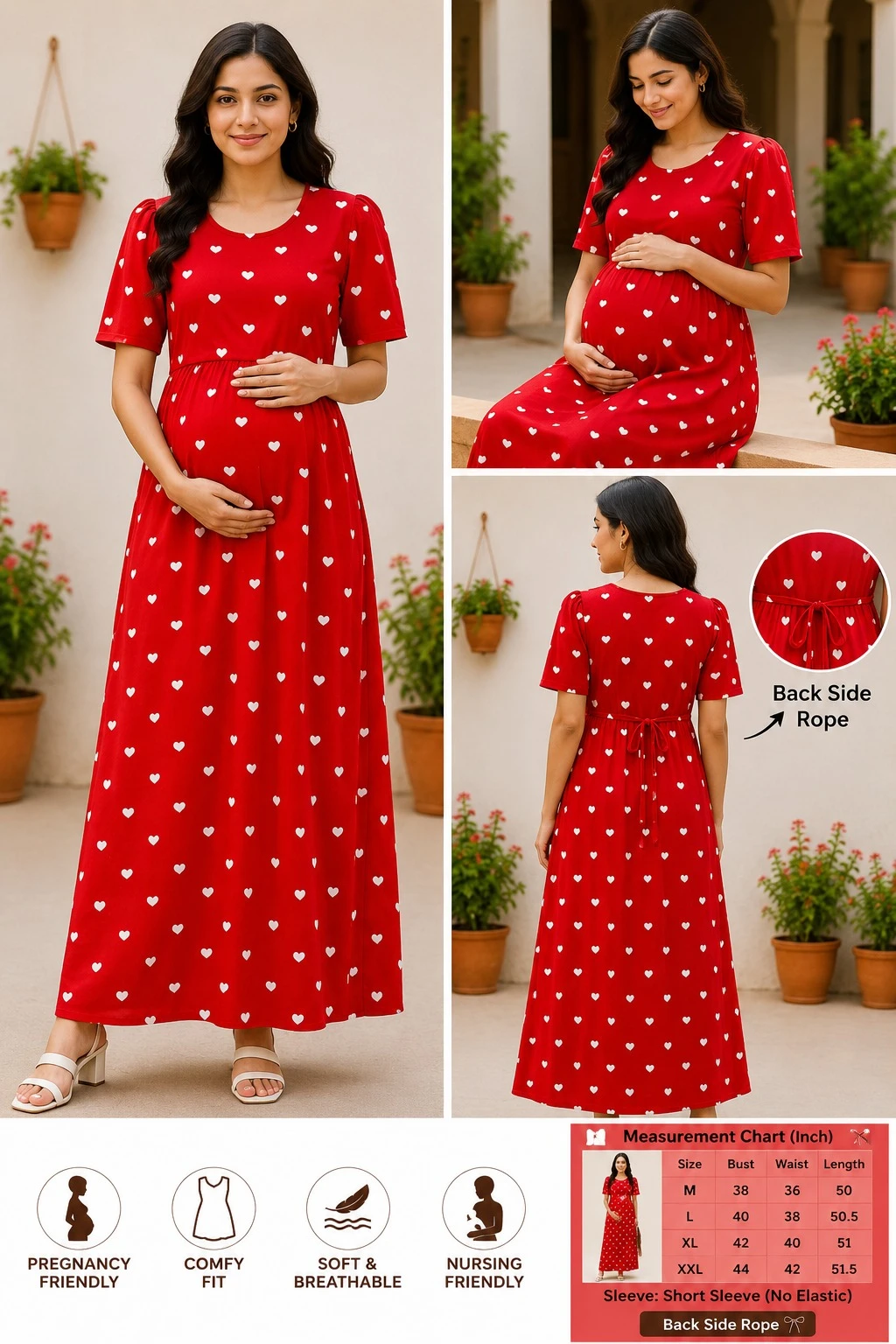 Red Heart Print Maternity Maxi Dress | Feeding & Nursing Friendly Pregnancy Gown
