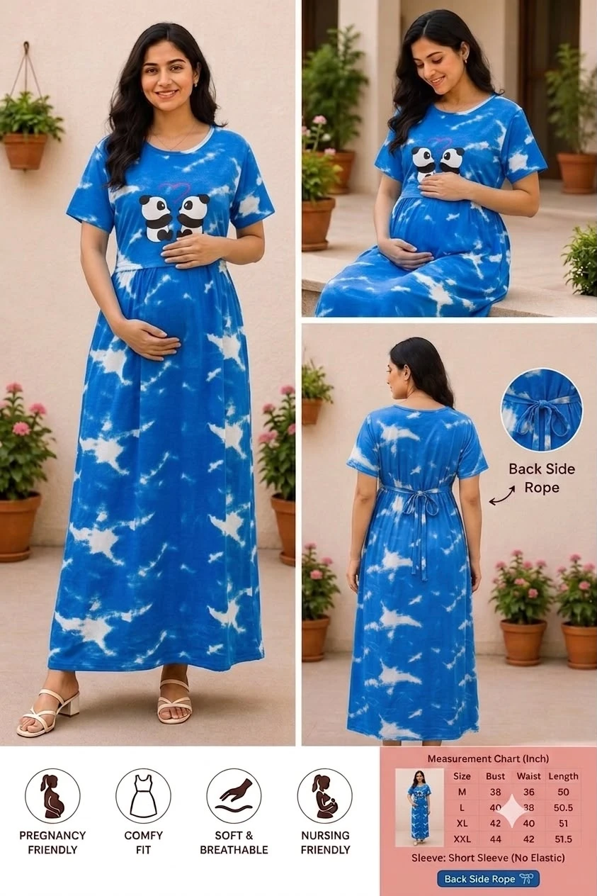 Blue Panda Print Maternity & Nursing Dress | Feeding Friendly Zipless Maternity Maxi Gown